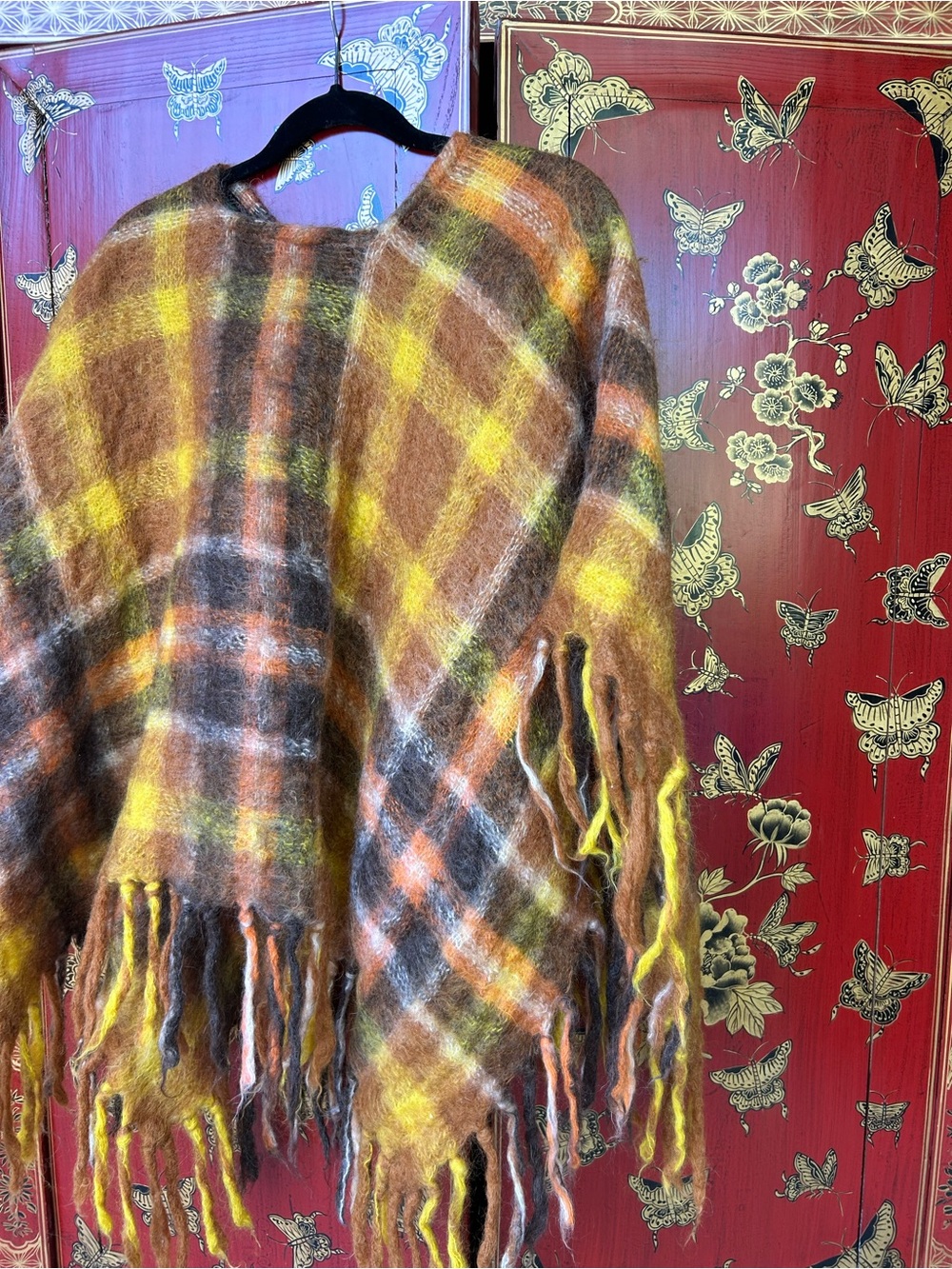 Plaid Fringe Mohair-Blend Poncho - Yellow & Brown